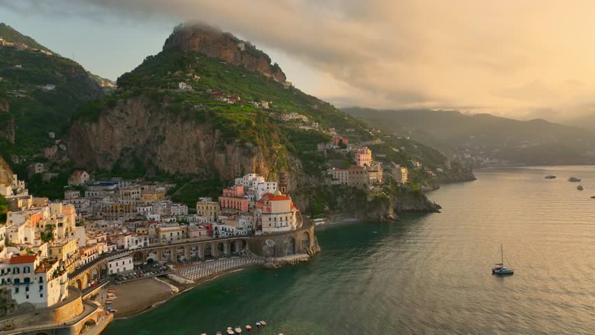 amazing Amalfi coast at sunrise, resort on the Mediterranean Sea, tourism in Naples, Italy, wanderlust concept, getting away from it all Royalty-Free Stock Footage #1098891987