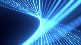 Abstract blue waves from lines and dots of particles of glowing swirling futuristic hi-tech with blur effect on a dark background. Abstract background. Video in high quality 4k, motion design