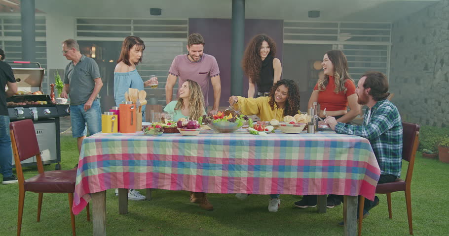 Group of hispanic diverse group of people standing at barbecue party together. Friends enjoying life together during sunny day outdoors | Shutterstock HD Video #1098901847