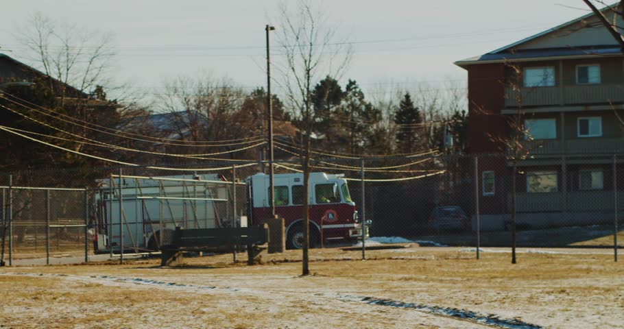 Fire truck returns to base after completing a rescue or firefighting mission. Halifax Canada. An American fire truck arrived at the base after extinguishing the fire. 