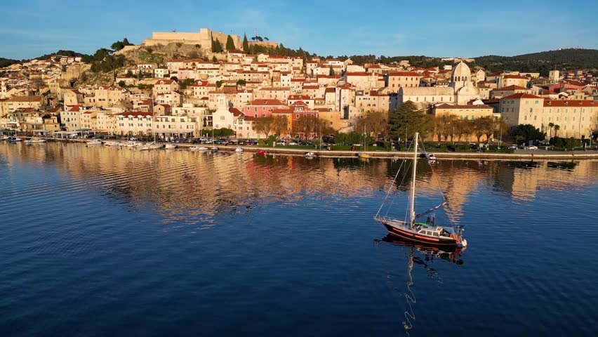 Aerial drone view of Sibenik town in Croatia during beautiful sunset colors, with a boat passing on the sea. Vacations and holidays on the seacoast. The Cathedral of St James in Sibenik Unesco.