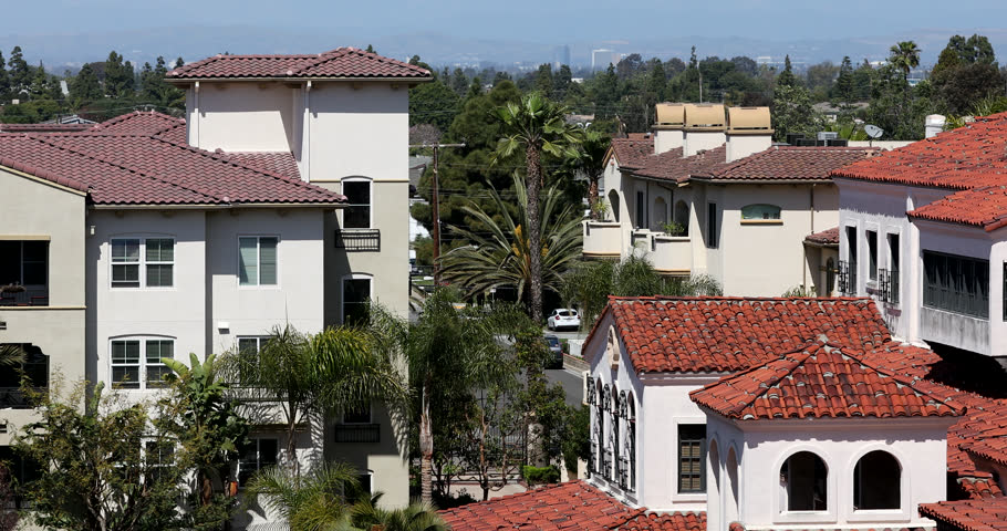 Morning skyline view of dense housing in downtown Costa Mesa, California, USA.