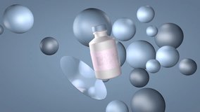 3d animation. Bottle of shampoo or shower gel or cream among balls. A small round bubble or molecule flies up to the jar and makes a circle around it with a transparent tape or jet of liquid. - Powered by Shutterstock - Get 15% off with code: PIKWIZARD15