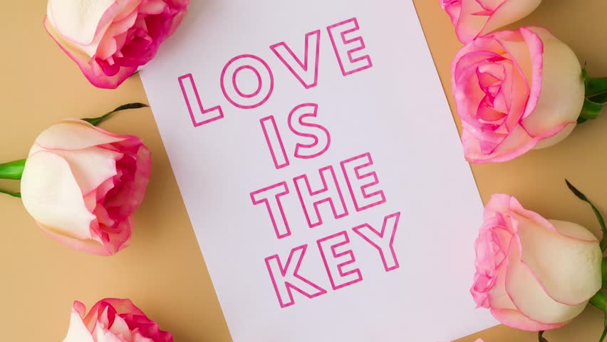4k zoom in out LOVE IS THE KEY text on greeting card paper note. Delicate pink roses on beige background. Minimal trendy composition. Romantic pastel pink rose flowers. Neutral earth tones