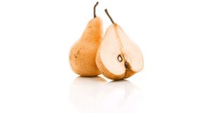 Time lapse of rotting pear on white background, reverse loop video, educational video,