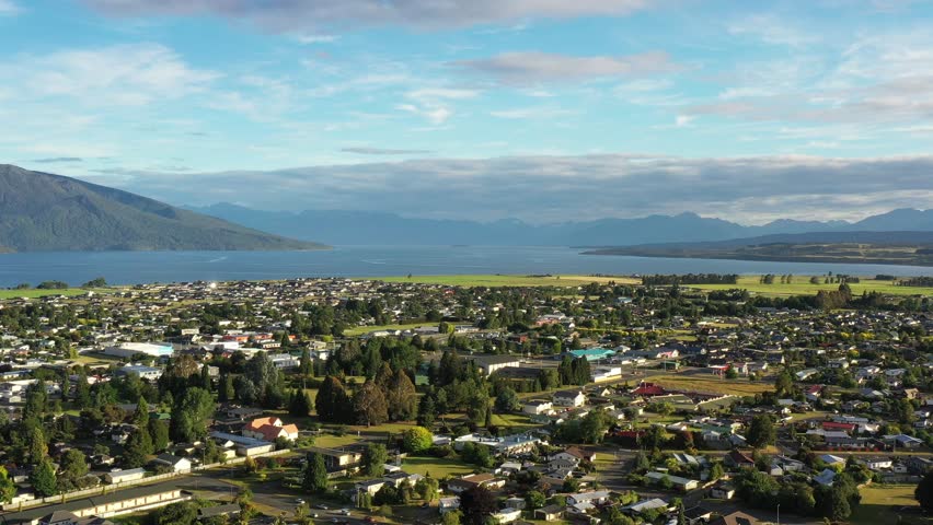 Milford Sound gateway Te Anau town on Te Anau lake in New Zealand 4k.

