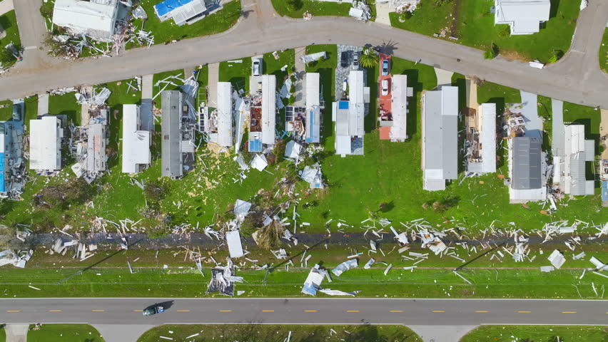 Badly damaged mobile homes after hurricane Ian in Florida residential area. Consequences of natural disaster | Shutterstock HD Video #1098912641