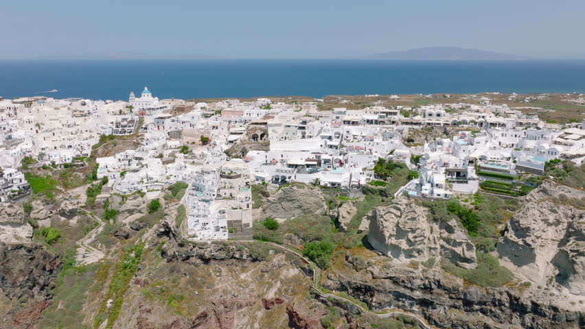 May 2022, Aerial shot of Oia, Santorini island, Greece.