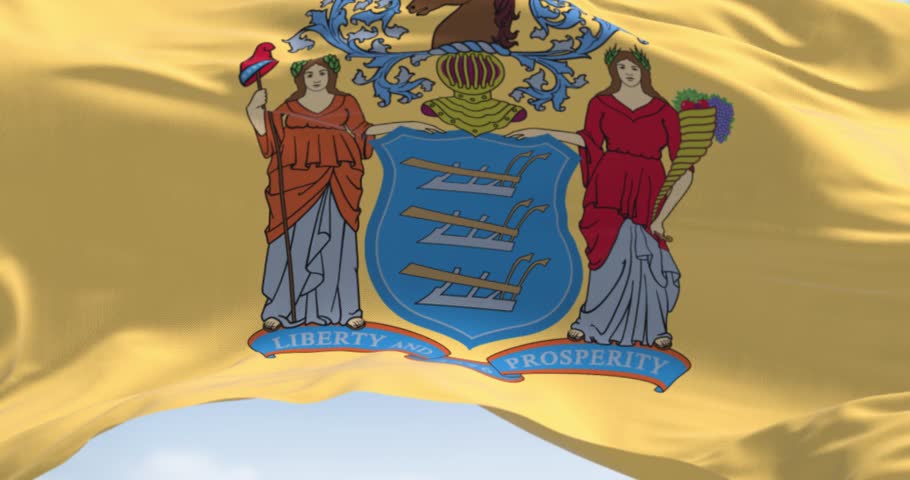 Close-up of the New Jersey state flag. Coat of arms on buff background. US state. Rippled fabric. Textured background. Realistic 3D render. Slow motion loop