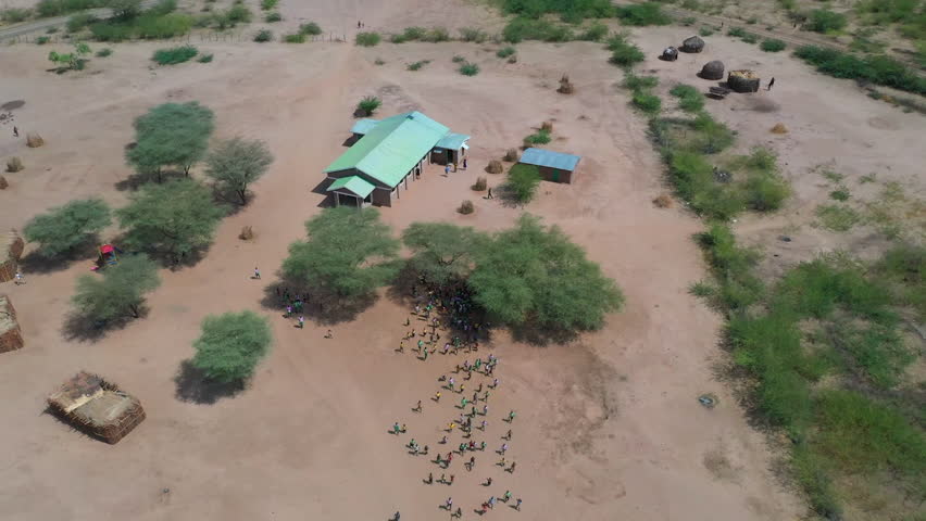 Desert kenya, africa landscape of a building from the air in the daytime on a hot summer day.