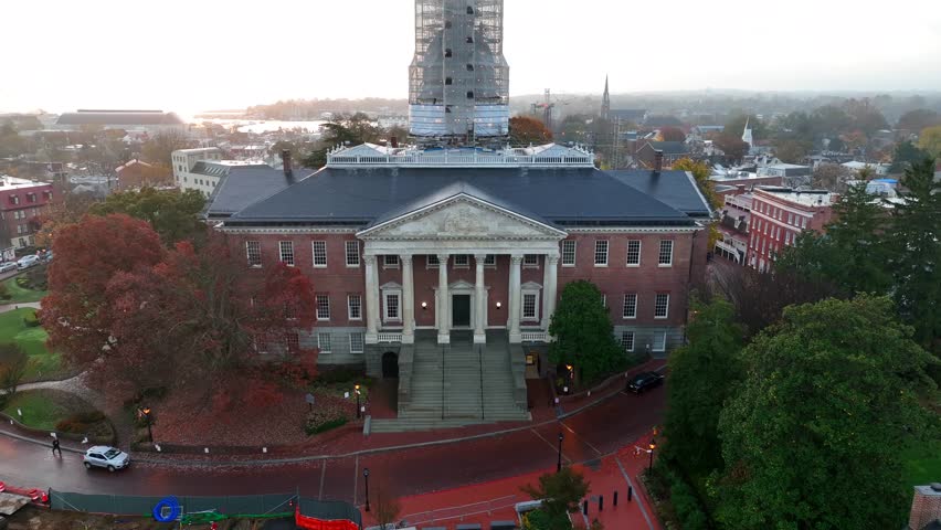 Maryland State House renovations on dome. Rising aerial in November 2022.