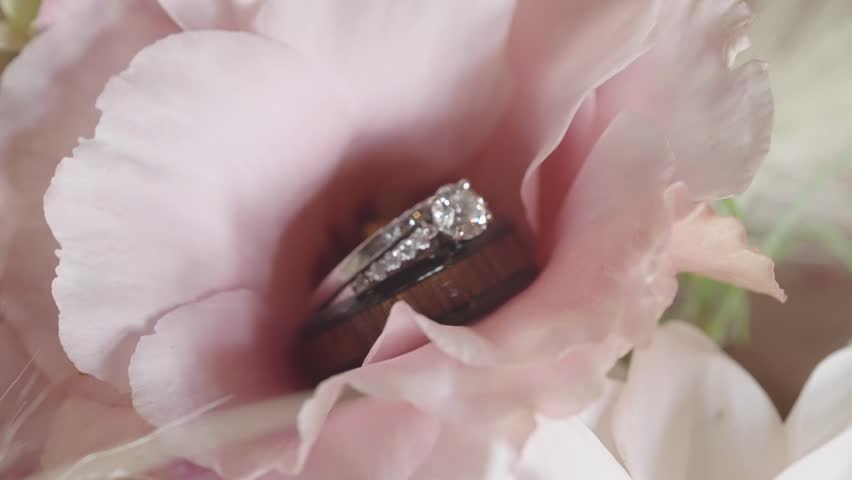 Closeup, beautiful diamond engagement marriage ring inside pink flower petals | Shutterstock HD Video #1098921719