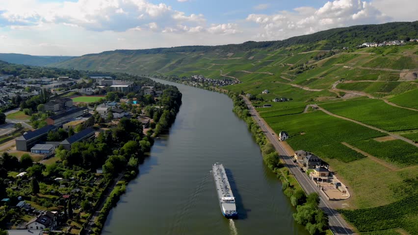 Inland shipping boat gas transport over the river Mosel in Germany  Royalty-Free Stock Footage #1098930761