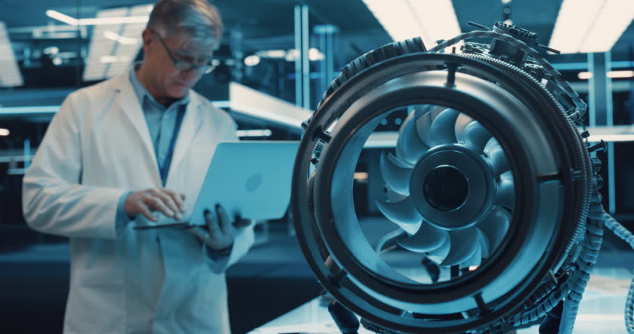 Industrial Engineer Working on a Futuristic Jet Engine, Standing with Laptop Computer in Scientific Technology Lab. Scientist Developing a New Electric Motor in a Research Facility. Arc Shot Royalty-Free Stock Footage #1098933921