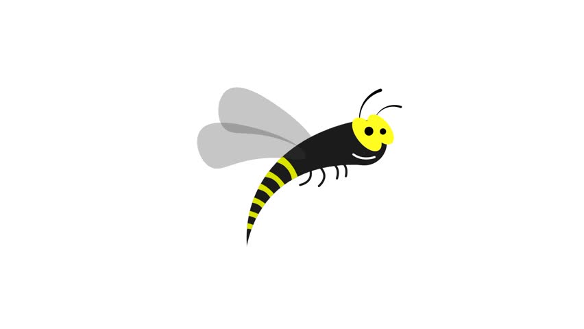 Animated cheerful striped wasp flies fast and flaps its wings. Insect predators in wild. Cartoon looped video isolated on white background