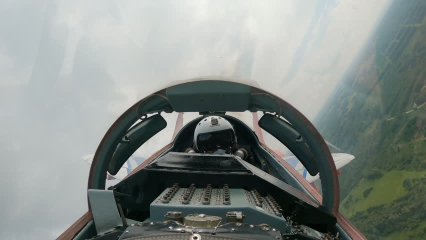 Fighter jets fly turn stunt training shows. Russian air pilot in cockpit cabin control rotation military aircraft mig29 airshow. Russia group fighter mig 29 flying spin trick war air show.