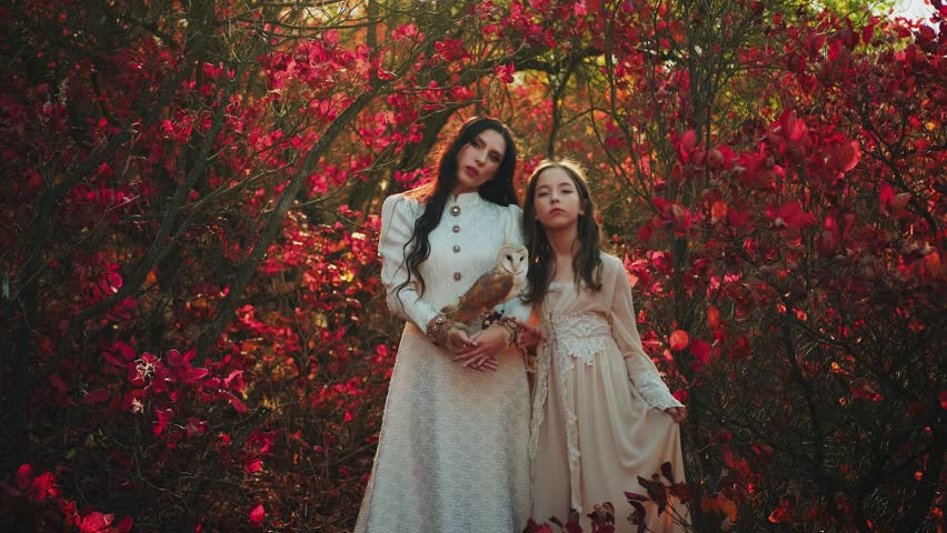 Two fantasy women walking in forest, young mother and adult daughter. Vintage dress. Owl barn owl white bird sits on hand Wisdom sign symbol. Woman queen and little girl princess. Autumn nature trees