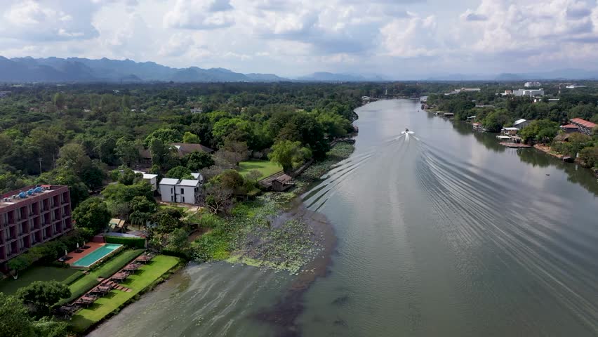 aerial view of sailing boat over the Kwai river in Thailand