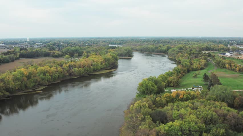 Aerial view over Mississipi River in Minnesota, on a bright overcast day
