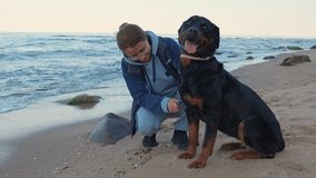 Girl in a tracksuit combs her dog of the Rottweiler breed on a beach near the Black Sea