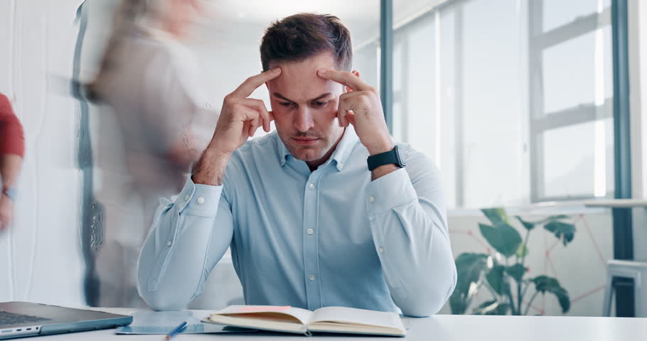 Stress, overworked and headache with businessman multitasking audit, schedule and compliance. Tired, accountability and mental health with employee and notebook for burnout, frustrated and deadline | Shutterstock HD Video #1098954907