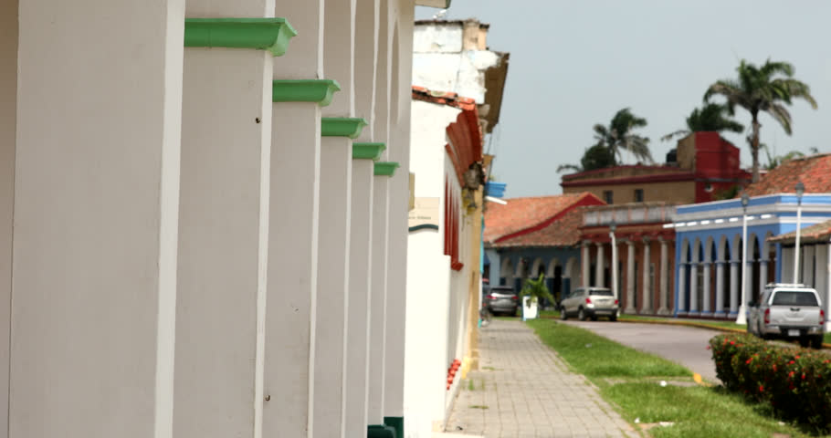 Afternoon view of the historic Spanish Colonial buildings of Tlacotalpan, Verzcruz, Mexico.
