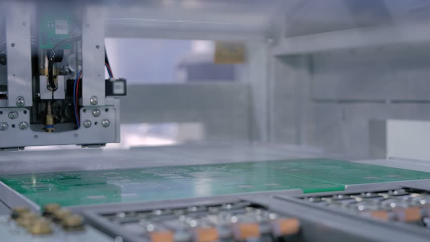 Automatic SMD pick and place machine during work - assembly of computer printed circuit board at factory. Automated technology, industrial, robotic, electronic, production, manufacturing concept Royalty-Free Stock Footage #1098964253