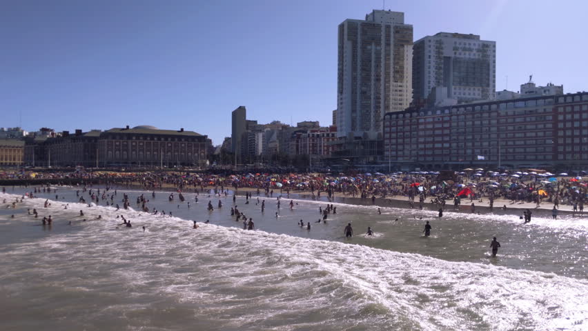Crowded Beach at Mar del Plata, Buenos Aires province, Argentina.