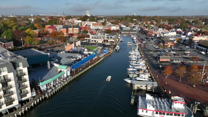 Annapolis Maryland aerial establishing shot of Severn River and State House. Chesapeake Bay.