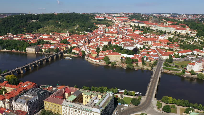 Prague city with Charles Bridge and Vltava River Czech Republic Aerial