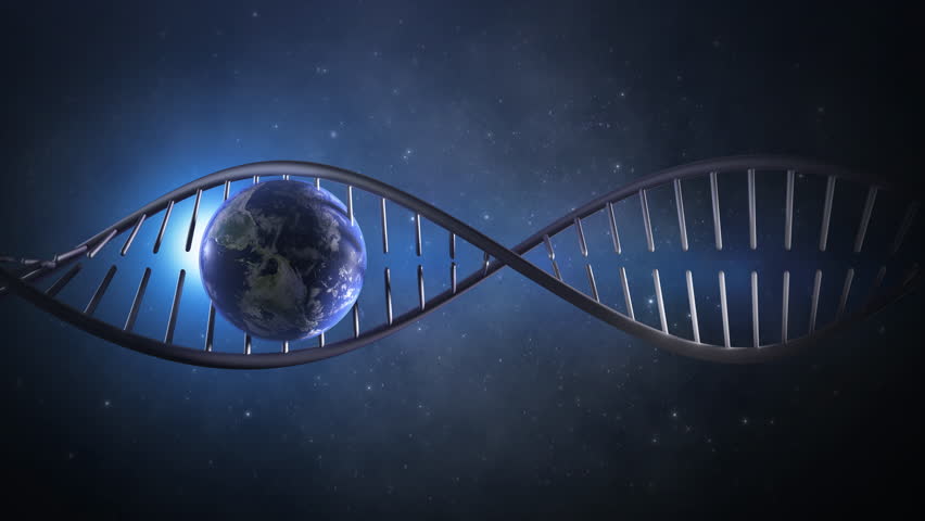 Earth planet rotating inside the dna molecule.The origin and evolution of life.Planetary change and ascension of humanity. Global concept of genetic and genome research. Abstract spacescape background Royalty-Free Stock Footage #1098973539