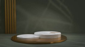 White marble podium rotating on gold platform. Olive green pedestal premium mockup for jewelry presentation. - Powered by Shutterstock - Get 15% off with code: PIKWIZARD15