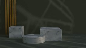 Light animation with marble podiums. 3d render scene for jewelry or beauty product presentation on olive green background. Stone textured display platform. - Powered by Shutterstock - Get 15% off with code: PIKWIZARD15