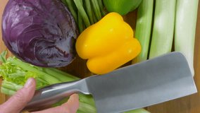 Closeup overhead dolly shot of a man’s hand putting down a steel cleaver at the end of a dolly run showing a variety of fresh, raw vegetables on a worktop counter, ready to be cut or chopped. - Powered by Shutterstock - Get 15% off with code: PIKWIZARD15