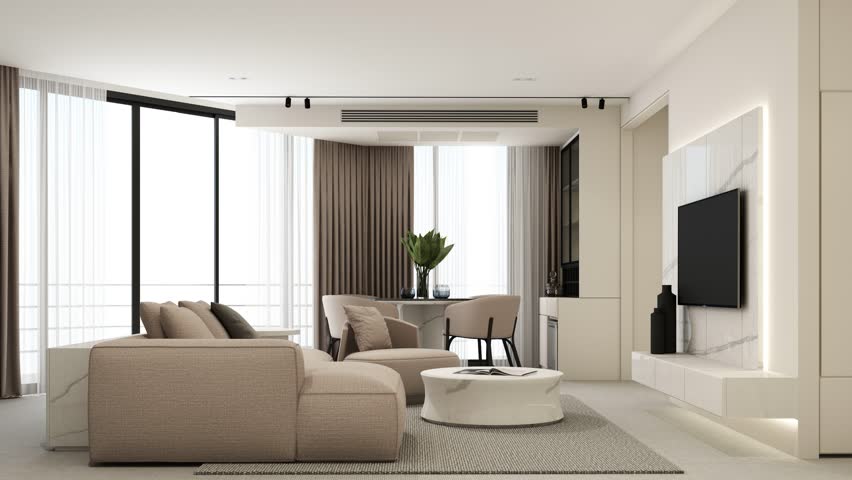 Animation of a modern and minimal living room, presenting the same interior in different color versions with changing decors and finishing materials. 3D rendering animation looped. | Shutterstock HD Video #1098986001