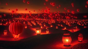 Experience the beauty and magic of Chinese culture with this mesmerizing video featuring red Chinese lanterns at night time in the desert