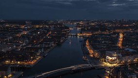 Establishing Aerial View Shot of Copenhagen, capital of the North, Denmark,  Gammelholm and Freetown Christiania at night evening