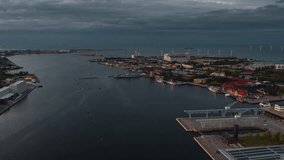 Establishing Aerial View Shot of Copenhagen, capital of the North, Denmark, moody weather, entrance to the city