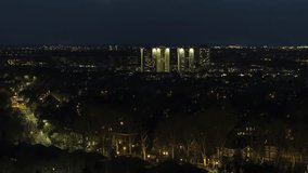 Establishing Aerial View Shot of London UK, United Kingdom, Twickenham, Feltham,  Hounslow, night, evening