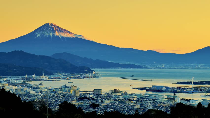 Shizuoka City and Shimizu Port from Nihondaira at dawn and Suruga Bay and Mt. Fuji
