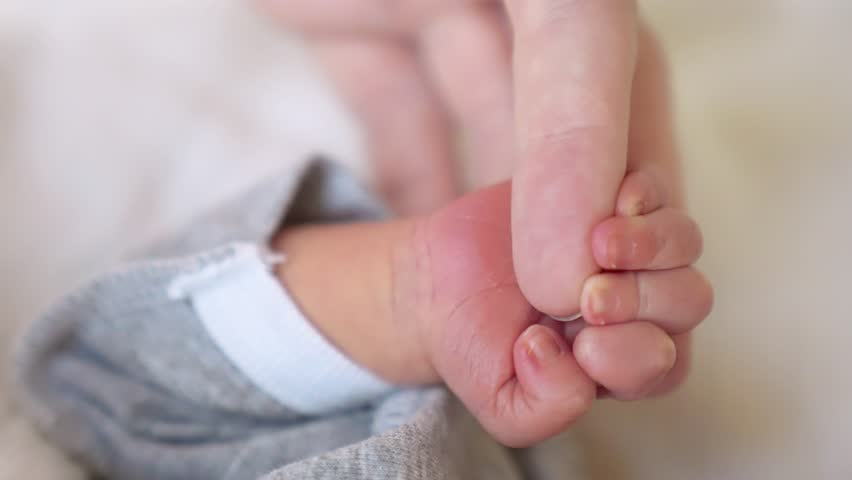 Mother holding tiny hand of newborn baby. happy family a kid dream concept. baby hand holds mom finger. newborn care. lifestyle sleeping baby hand holding mom hand | Shutterstock HD Video #1098993055