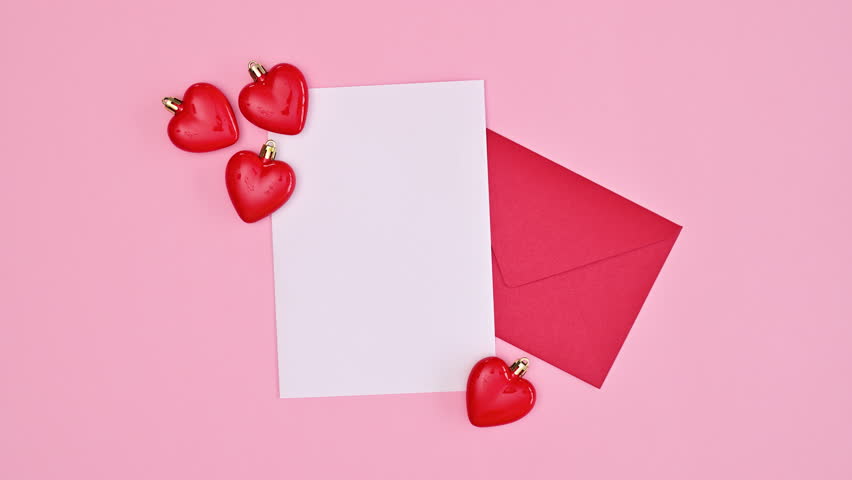 6k Valentine's day greeting card with copy space paper, envelope and hearts on pastel pink background. Stop motion. Flat lay