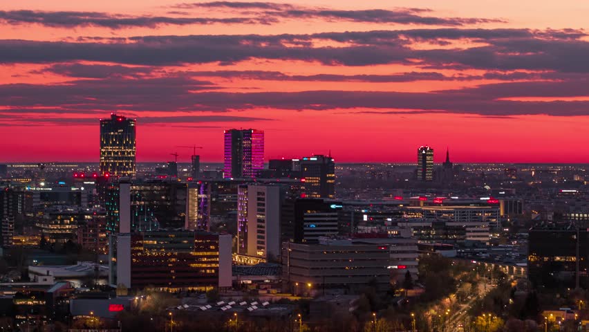 Establishing Aerial shot Of Bucharest City Skyline With A Beautiful Sunset Sky Royalty-Free Stock Footage #1099001049