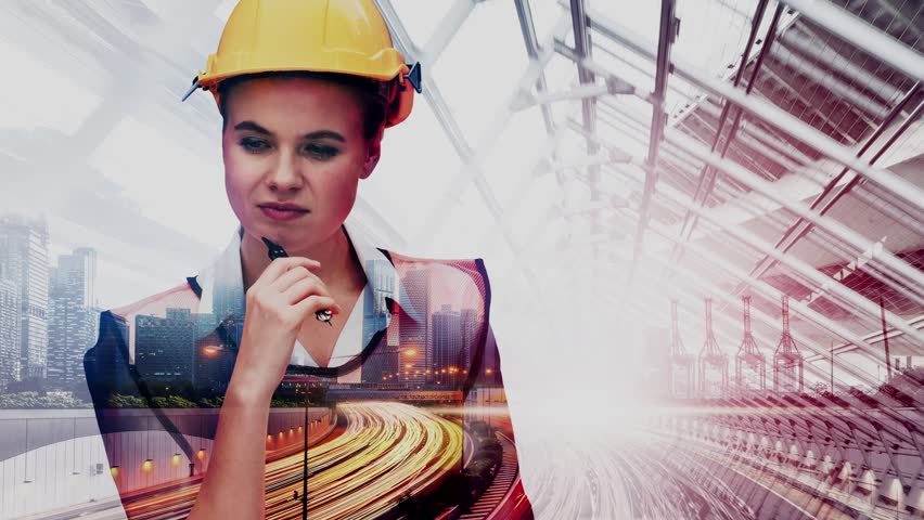 Future building construction and inventive engineering project concept with HUD hologram graphic design. Building engineer, architect people or construction worker works with modern civil technology.