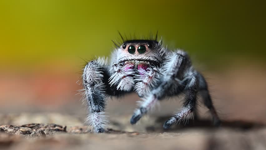 Jumping spider (Phidippus regius) front view, the spider is resting, moving its front limbs (pedipalps). Royalty-Free Stock Footage #1099003319