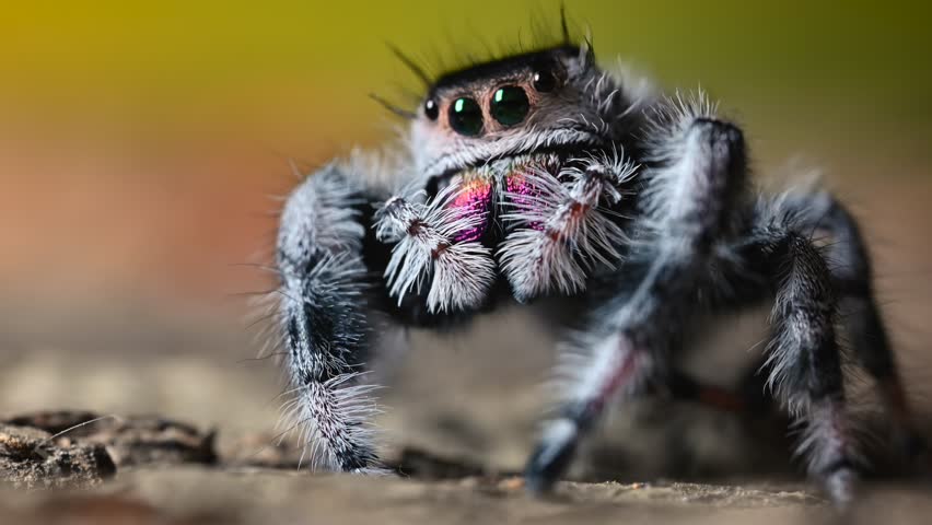 Jumping spider (Phidippus regius) front view, the spider is resting and moving its front limbs (pedipalps). Royalty-Free Stock Footage #1099003335