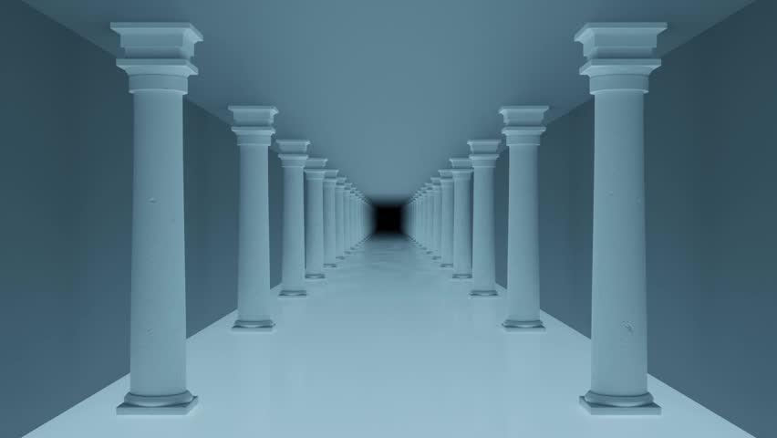 neon tunnel with pillars greek glowing floor pale blue lights, 3D Render
