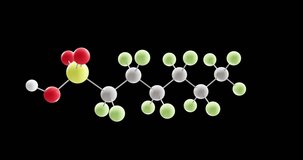 Perfluorohexanesulfonic acid molecule, rotating 3D model of PFHxS, C6HF13O3S, looped video with alpha channel