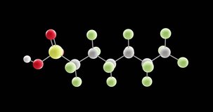 Perfluorohexanesulfonic acid molecule, rotating 3D model of PFHxS, C6HF13O3S, looped video with alpha channel