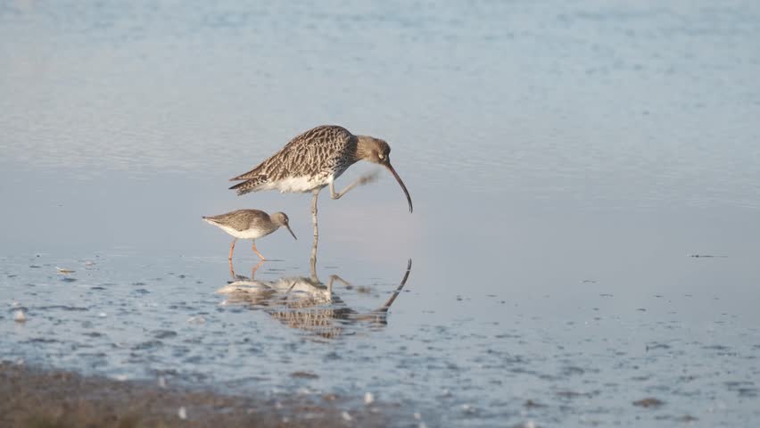 Curlew (Numenius arquata) stilt bird preening in shallow water. This was captured in Musselburgh Lagoons, Scotland. Royalty-Free Stock Footage #1099005925
